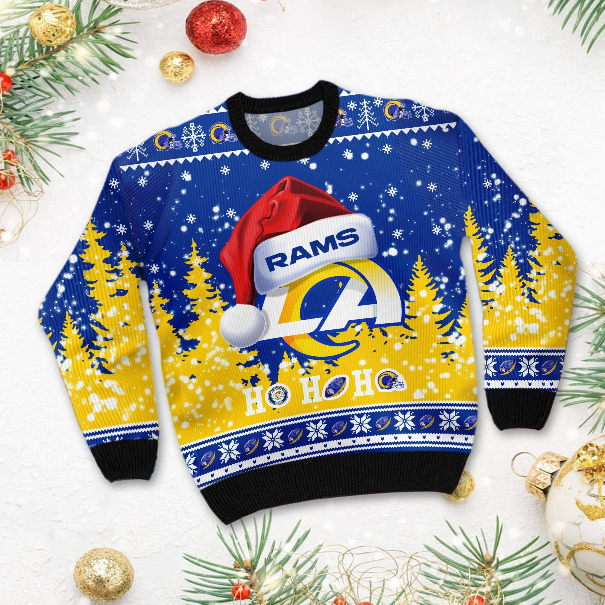 Los Angeles Rams Symbol Wearing Santa Claus Hat Ho Ho Ho Ugly Christmas Sweater Adult 3D Funny Matching for family - Image 3