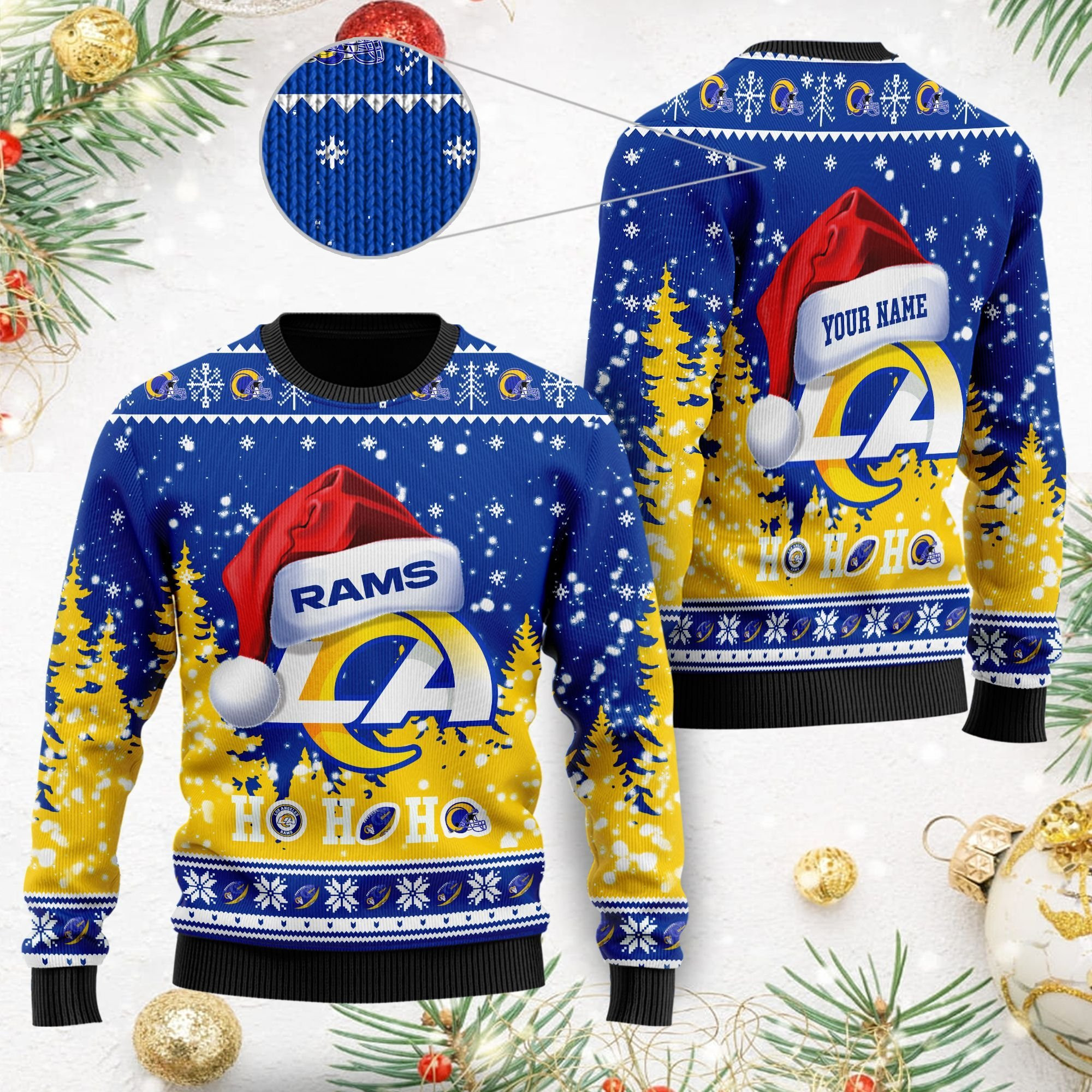 Los Angeles Rams Symbol Wearing Santa Claus Hat Ho Ho Ho Ugly Christmas Sweater Adult 3D Funny Matching for family
