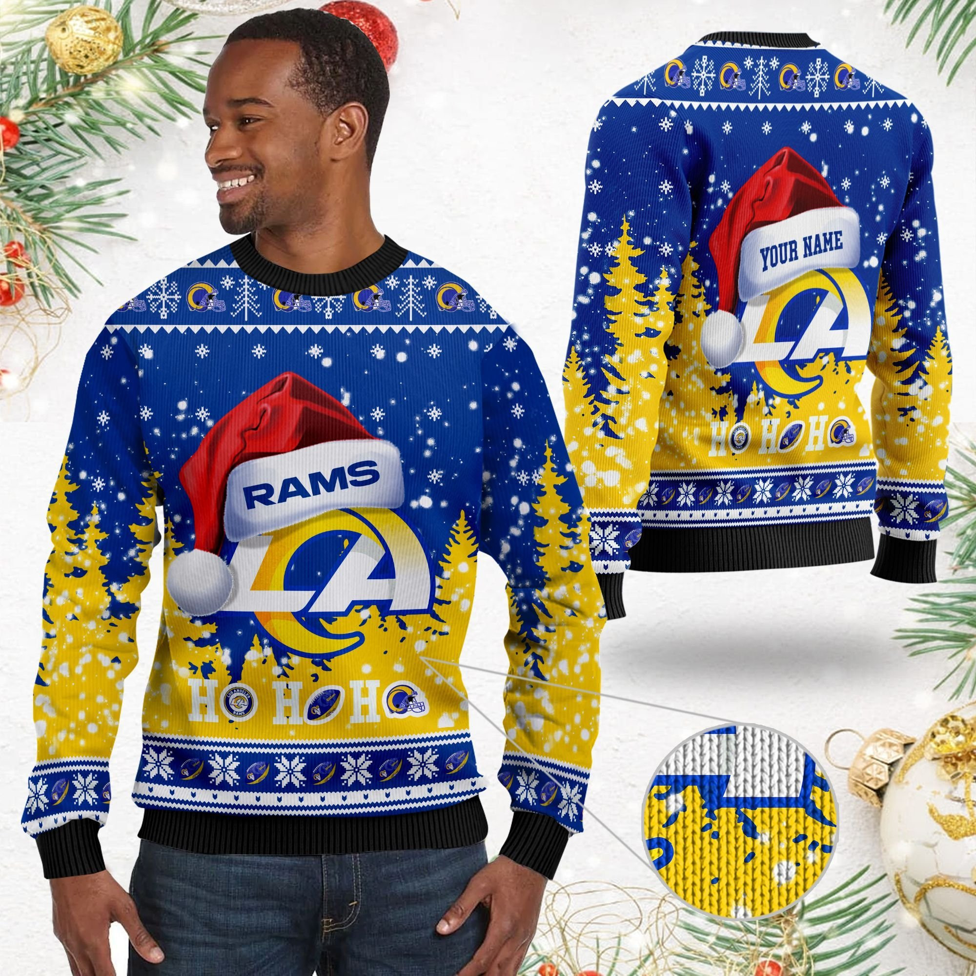 Los Angeles Rams Symbol Wearing Santa Claus Hat Ho Ho Ho Ugly Christmas Sweater Adult 3D Funny Matching for family - Image 2