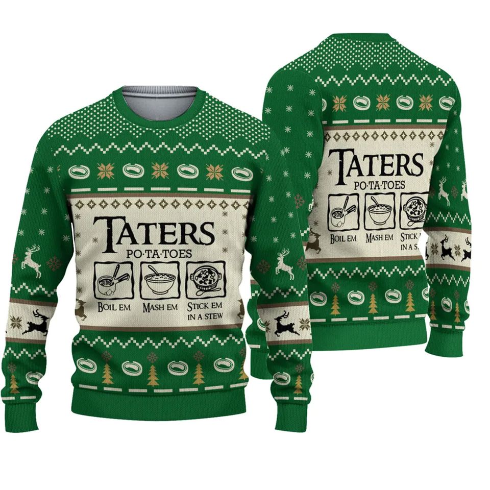 LOTR Lord Of The Rings Taters Potatoes Green Ugly Christmas 3D Sweater