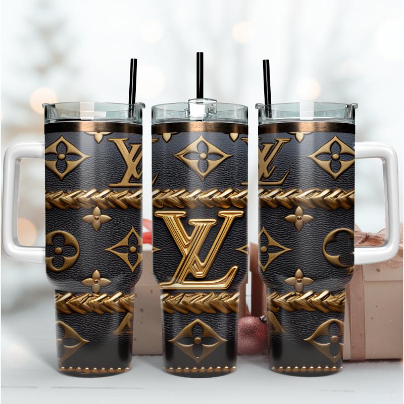 Louis Vuitton LV Black and Gold 3D Logo Custom Stanley Cup 40 oz 30 oz Tumbler With HandleTVC2301168