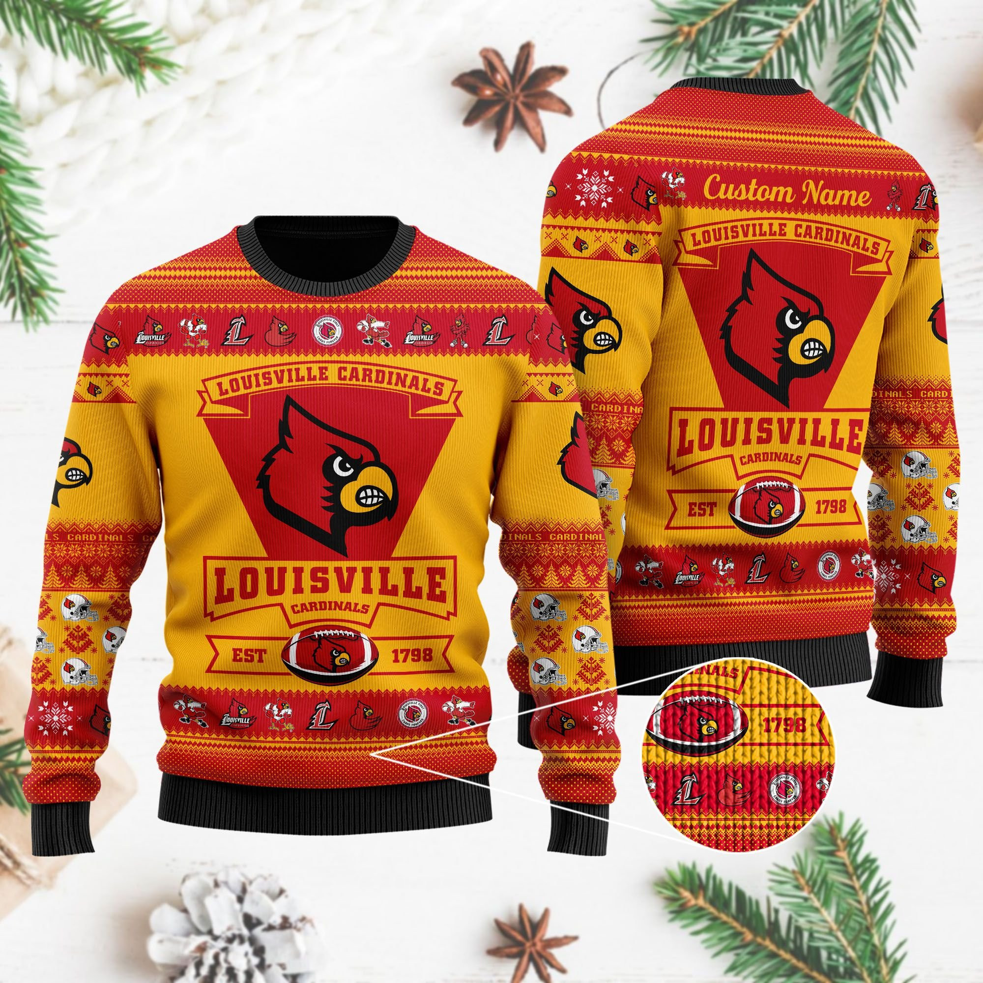 Louisville Cardinals Football Team Logo Personalized Ugly Christmas Sweater Adult 3D Funny Matching for family