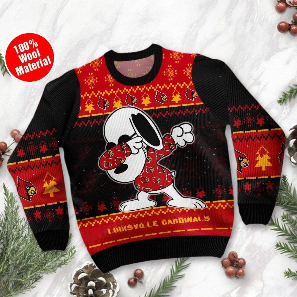Louisville Cardinals Snoopy Dabbing Ugly Christmas Sweater Adult 3D Funny Matching for family - Image 2