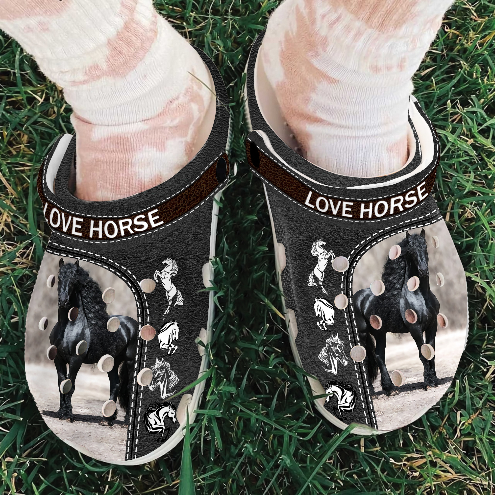 Love Black Horse Crocs Crocband Clogs Shoes Comfortable For Men Women and Kids
