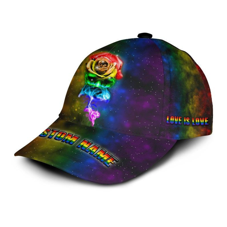Love Is Love Rainbow Rose Flower Custom Name 3D Cap For LGBT, Personalized LGBT cap Trucker Hats Custom Hats Gifts For Men & Women