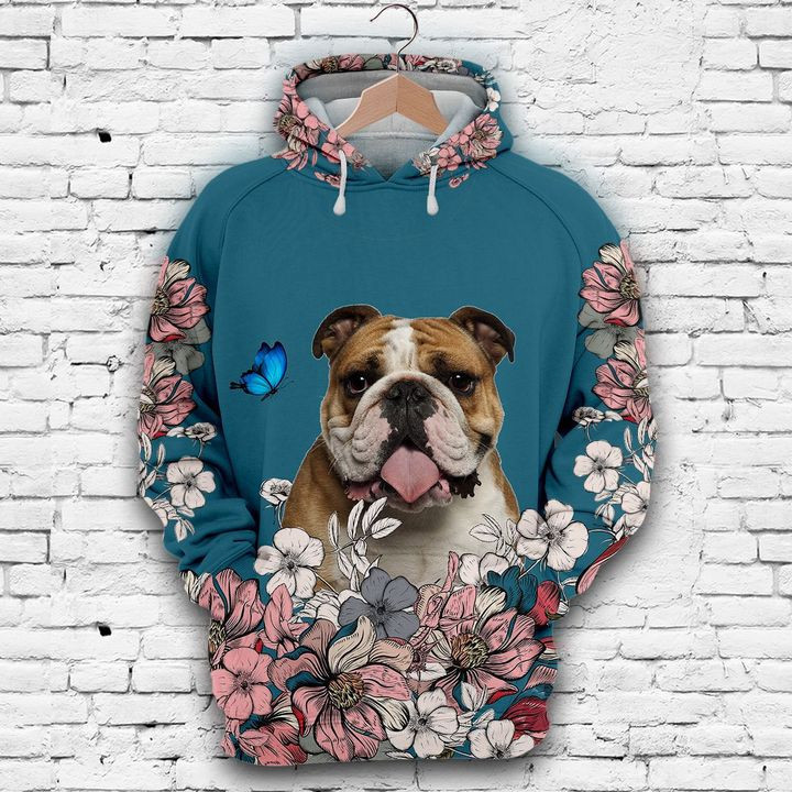 Lovely Bulldog And Flower 3D All Over Print Hoodie, Zip Hoodie