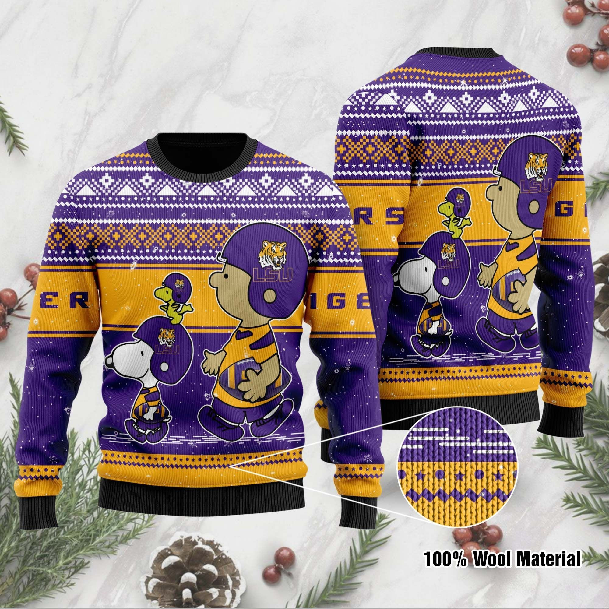 Lsu Tigers Charlie Brown Snoopy Wear Football Jersey Ugly Christmas Sweater Adult 3D Funny Matching for family