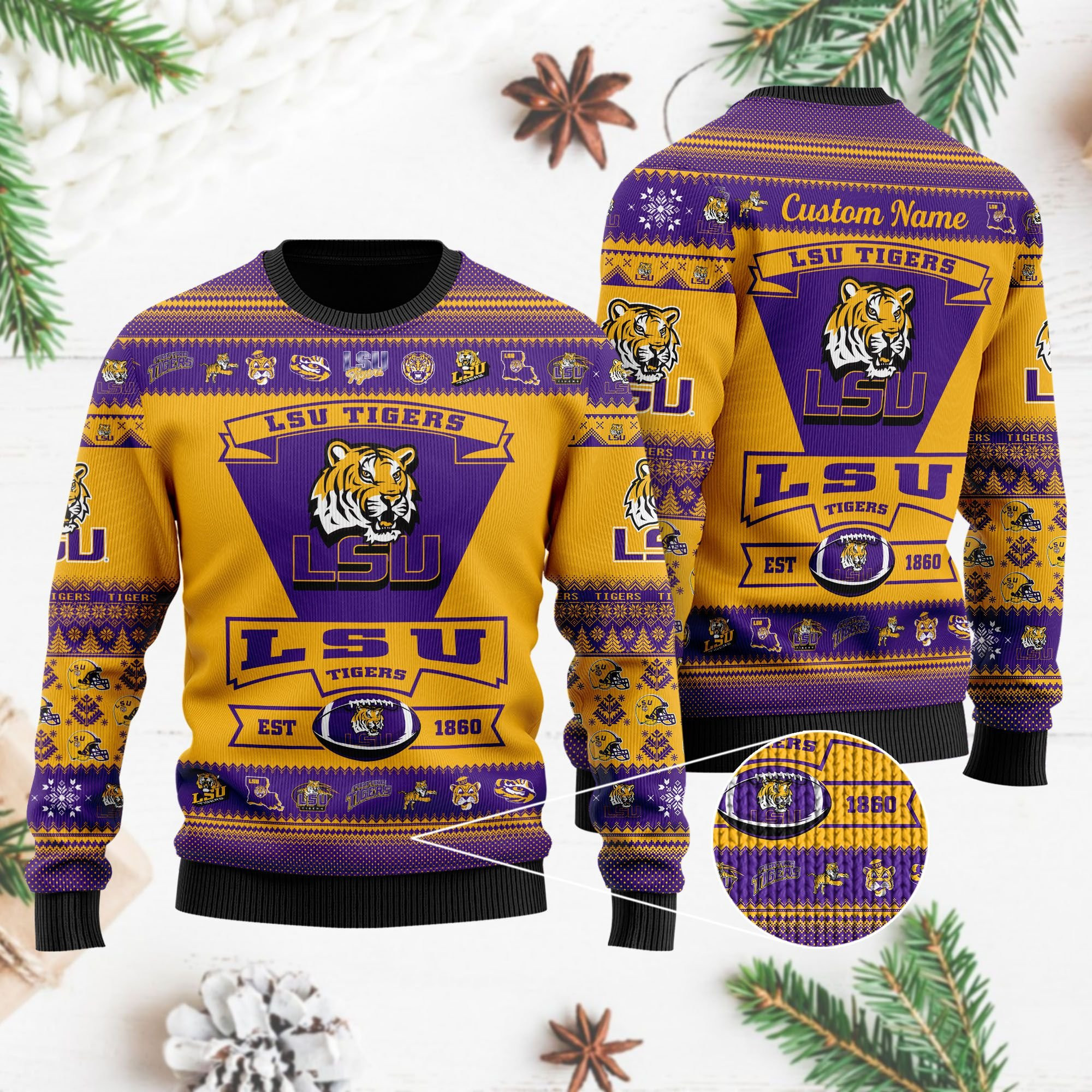 Lsu Tigers Football Team Logo Custom Name Personalized Ugly Christmas Sweater Adult 3D Funny Matching for family