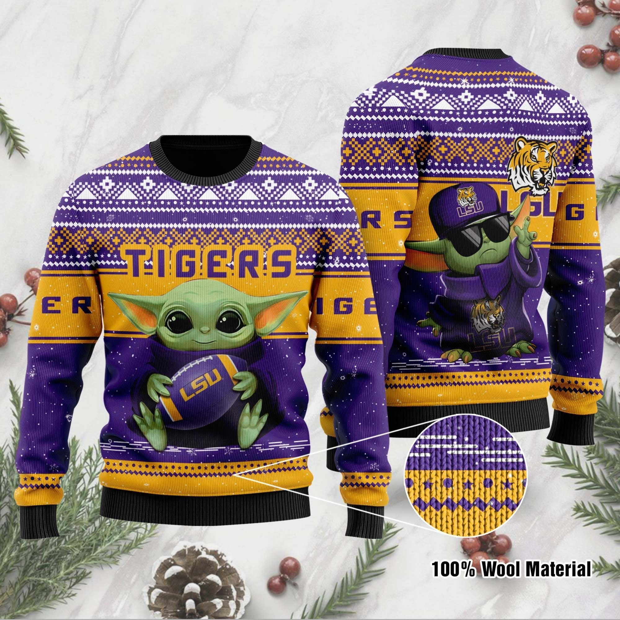 Lsu Tigers Grogu Baby Yoda Hug Logo Ugly Christmas Sweater Adult 3D Funny Matching for family