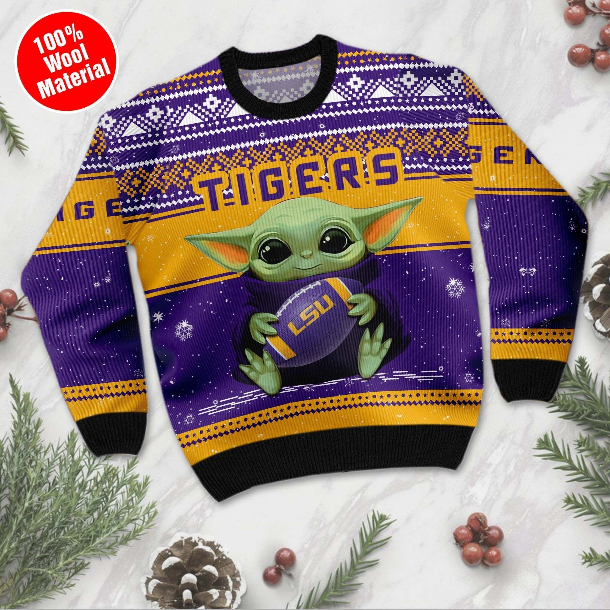 Lsu Tigers Grogu Baby Yoda Hug Logo Ugly Christmas Sweater Adult 3D Funny Matching for family - Image 2