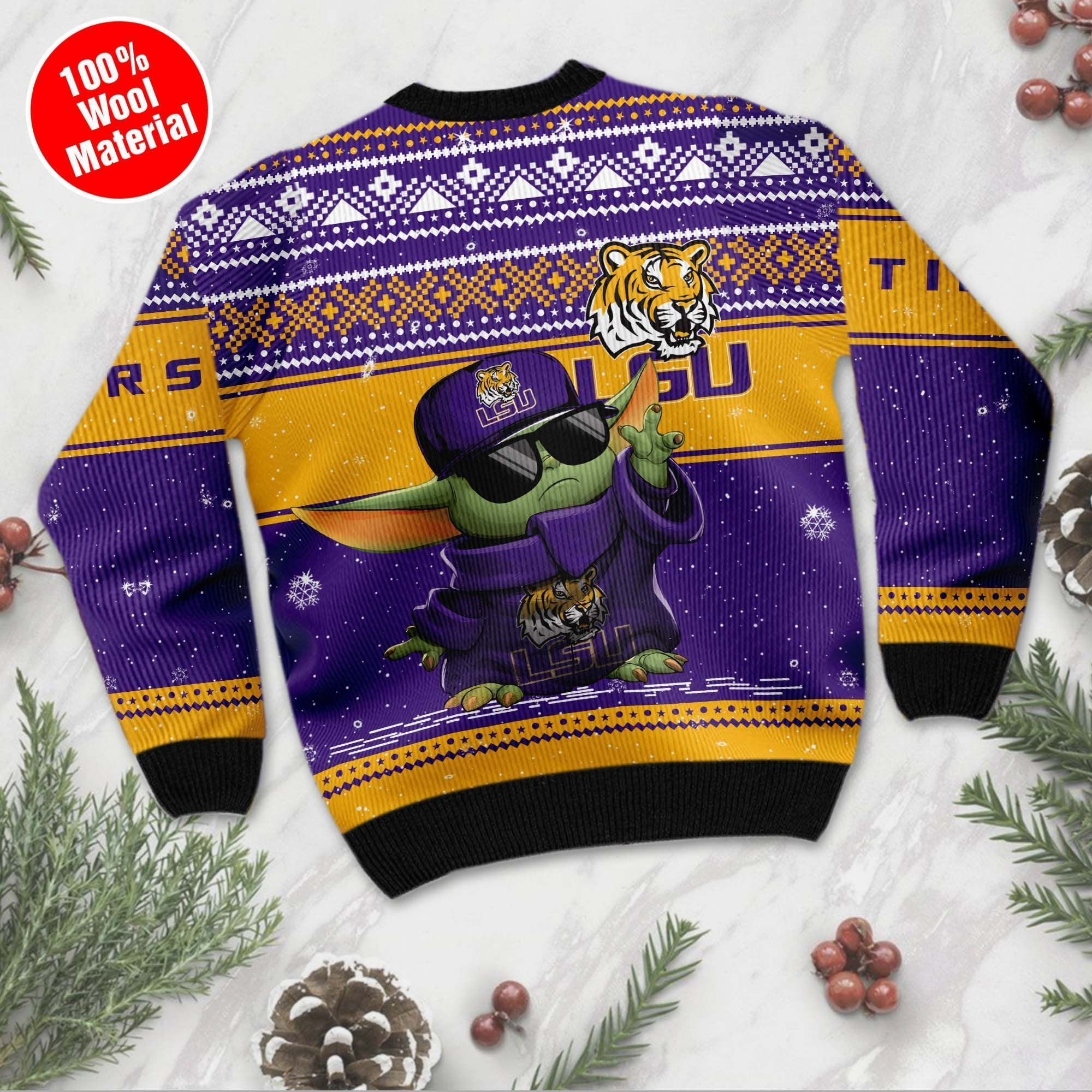 Lsu Tigers Grogu Baby Yoda Hug Logo Ugly Christmas Sweater Adult 3D Funny Matching for family - Image 3
