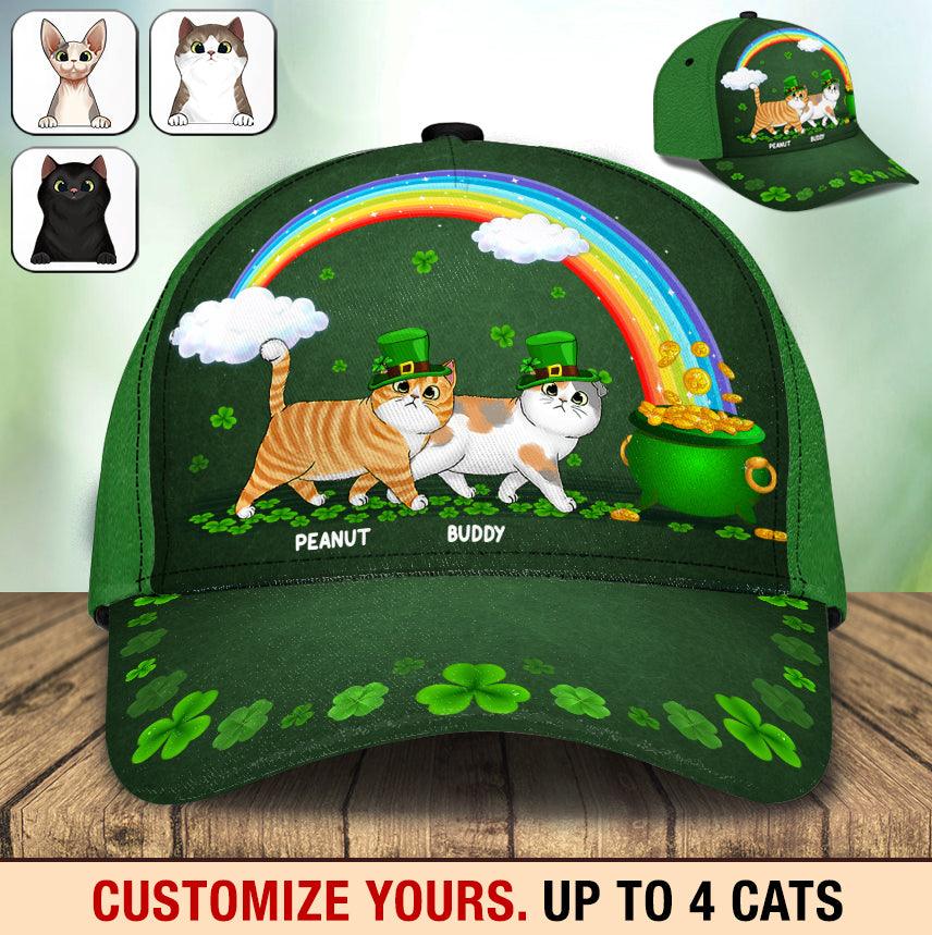 Lucky Cats With Rainbow Cat Personalized Classic Cap, Personalized St. Patrick's Day Gift for Cat Lovers, Cat Dad, Cat Mom Trucker Hats Custom Hats Gifts For Men & Women