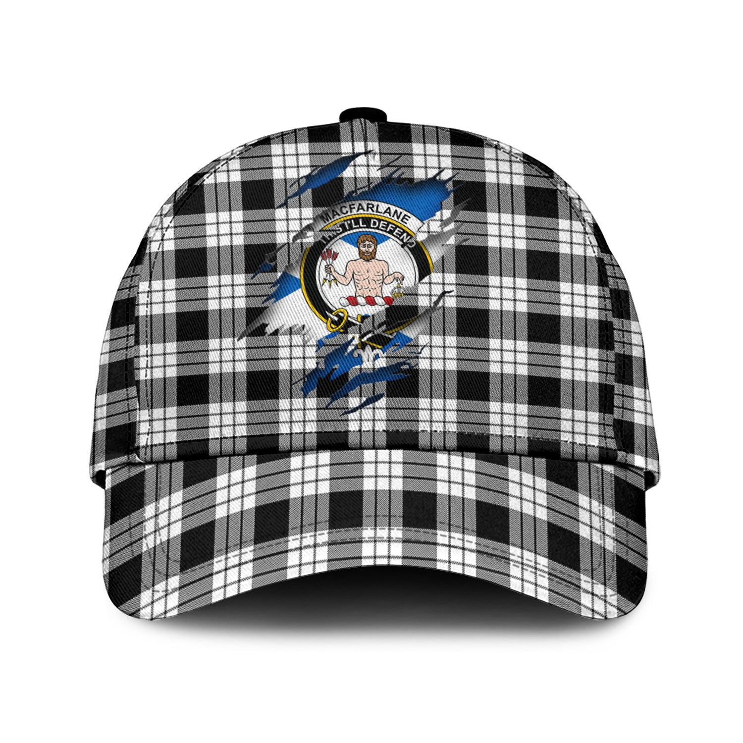MacFarlane Black White Tartan Plaid Cap, Family Crest In Me Style Tartan Baseball Cap TS23 Trucker Hats Custom Hats Gifts For Men & Women