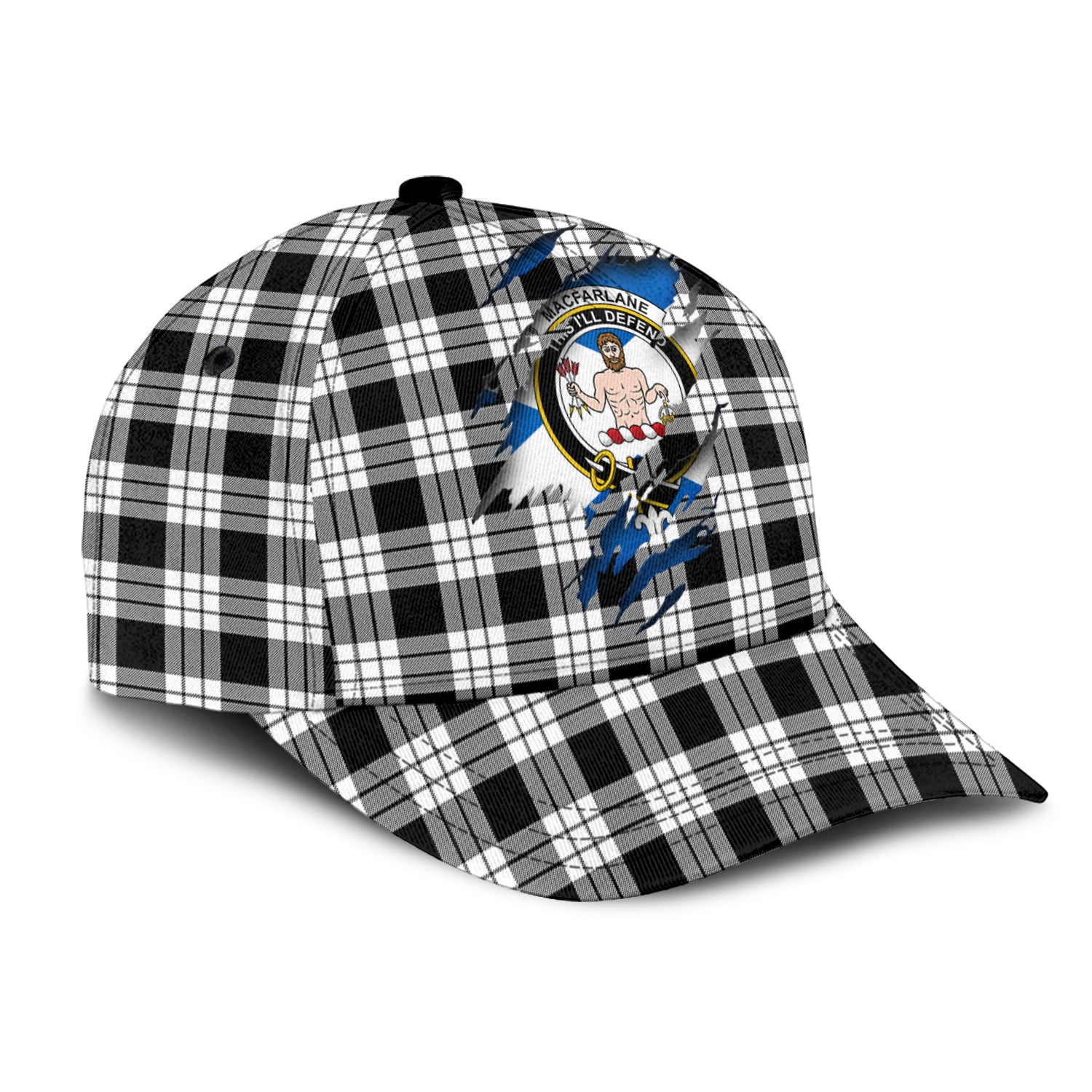 MacFarlane Black White Tartan Plaid Cap, Family Crest In Me Style Tartan Baseball Cap TS23 Trucker Hats Custom Hats Gifts For Men & Women
