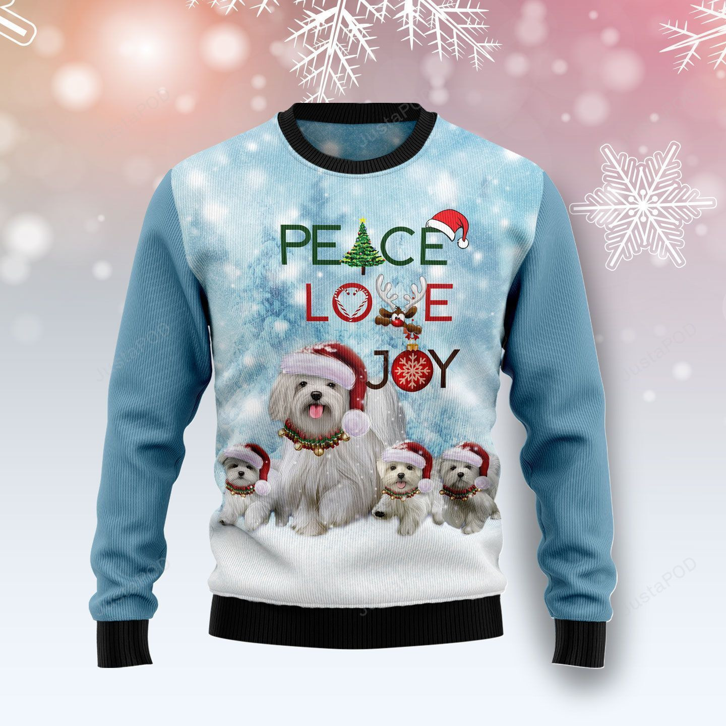 Maltese Peace Love Joy Ugly Christmas Sweater Adult 3D Funny Matching for family