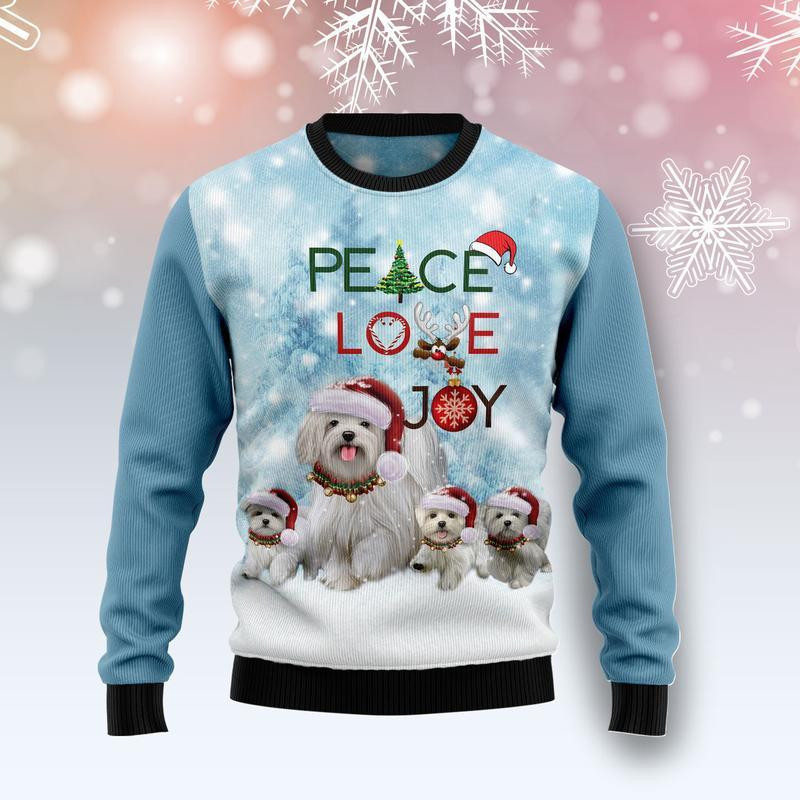 Maltese Peace Love Joy Ugly Christmas Sweater Adult 3D Funny Matching for family