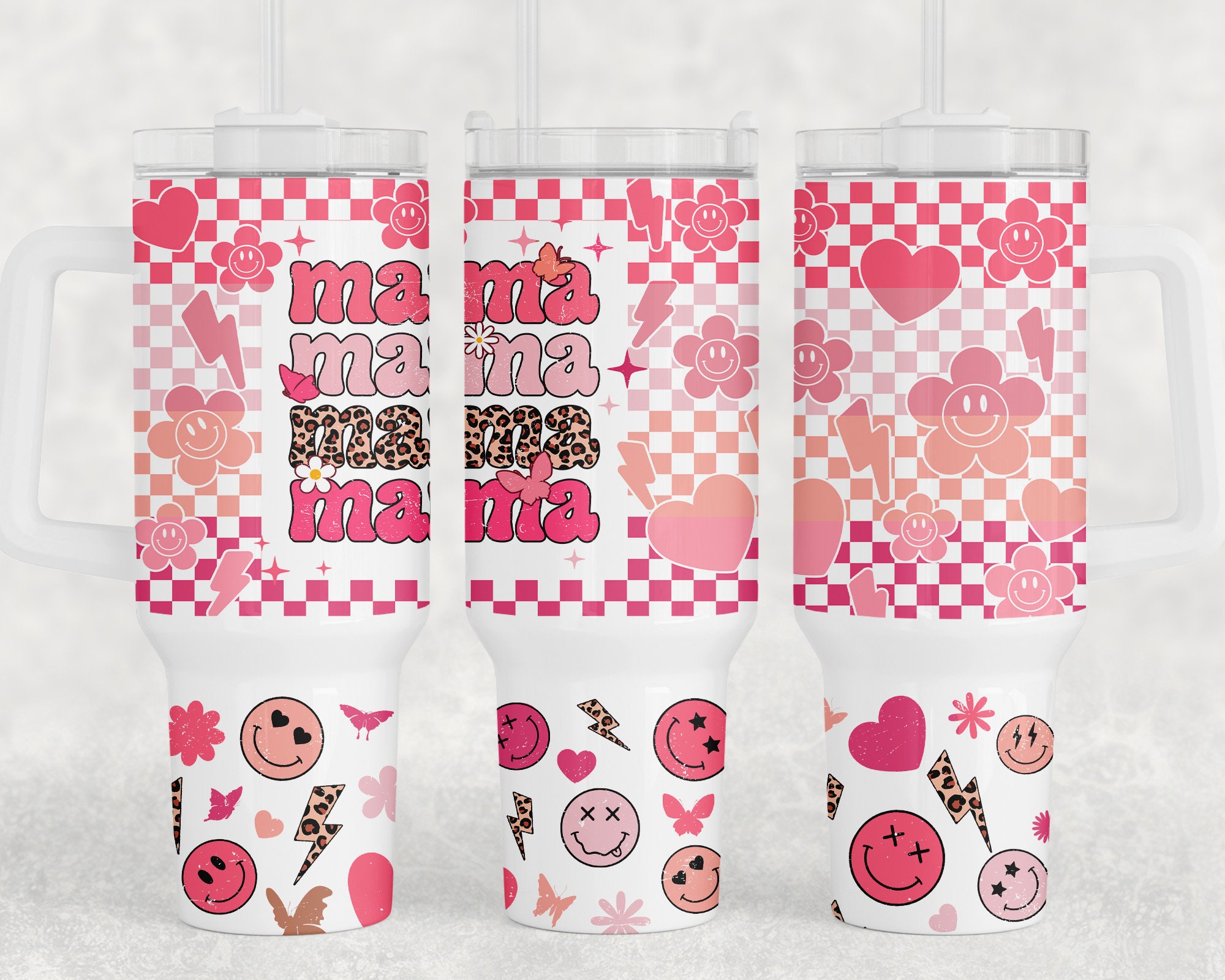 Mama Retro Checkered Smiley Face Custom Stanley Cup 40 oz 30 oz Tumbler With HandleTVC2301957