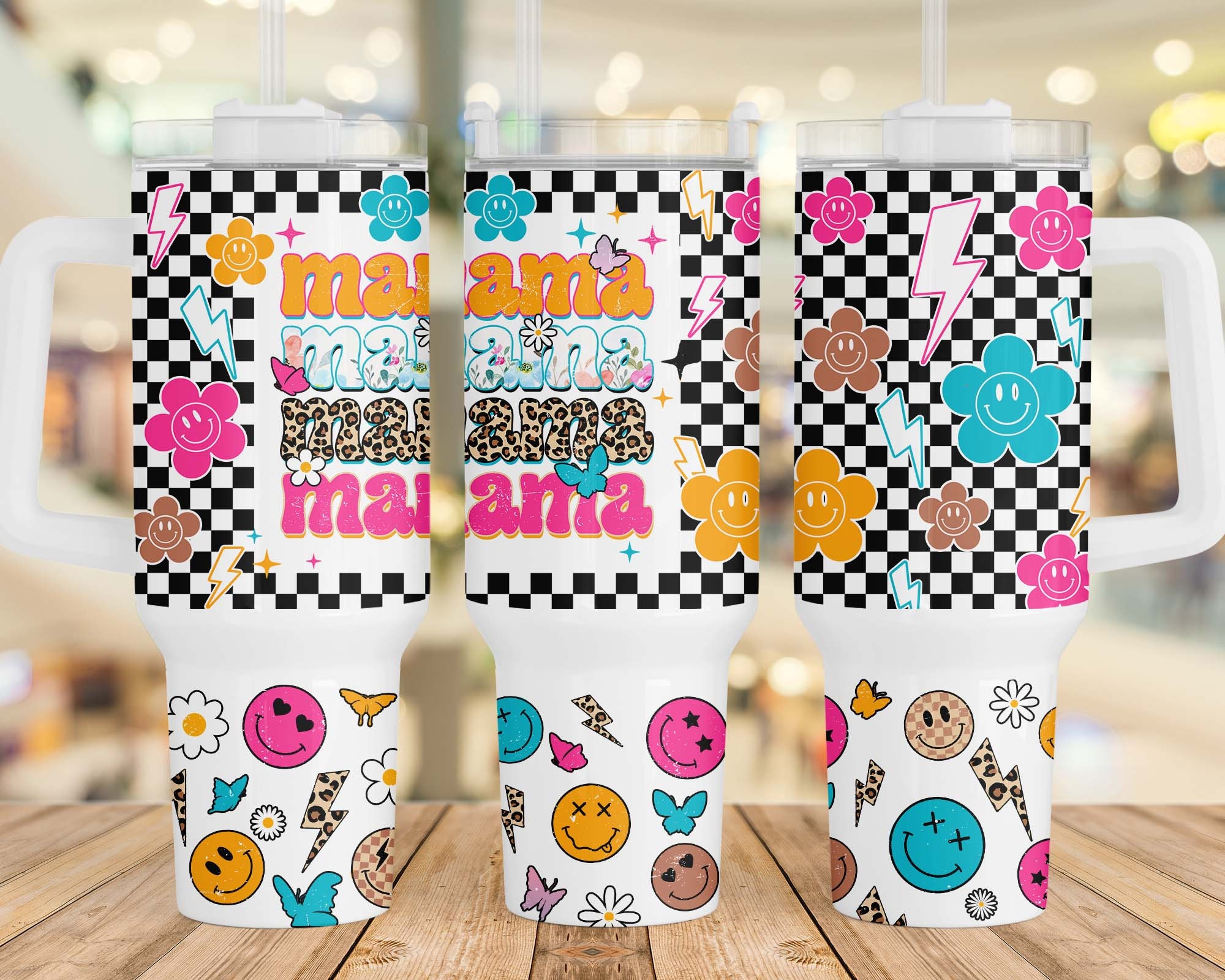 Mama Retro Groovy Checkered Smiley Face Custom Stanley Cup 40 oz 30 oz Tumbler With HandleTVC2301957