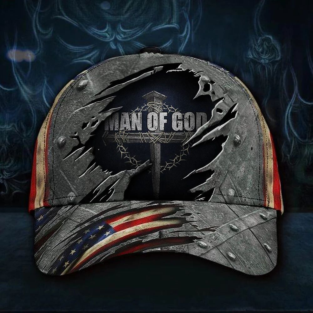 Man Of God American Flag Cap Patriotic Cross Christian Products Gift Items Ideas For Men Trucker Hats Custom Hats Gifts For Men & Women