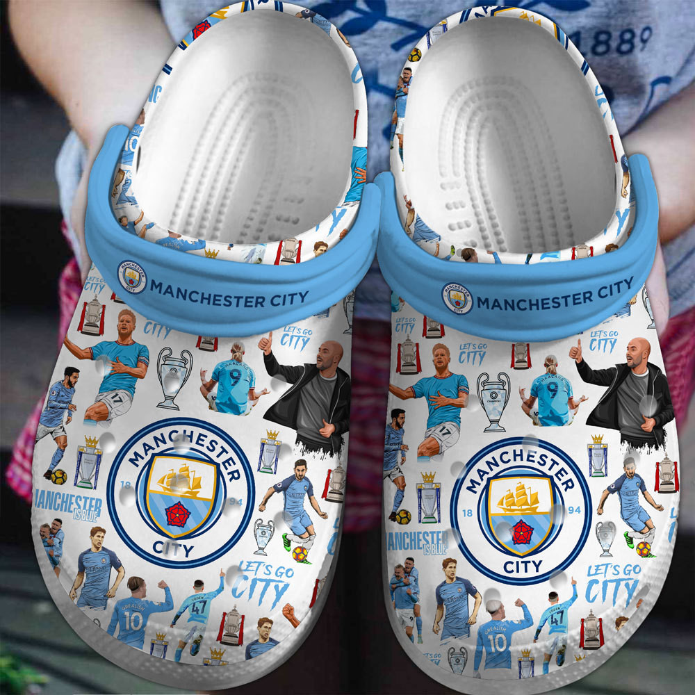 Manchester City Football Soccer Sport Premium Crocs Crocband Clogs Shoes Comfortable For Men Women and Kids