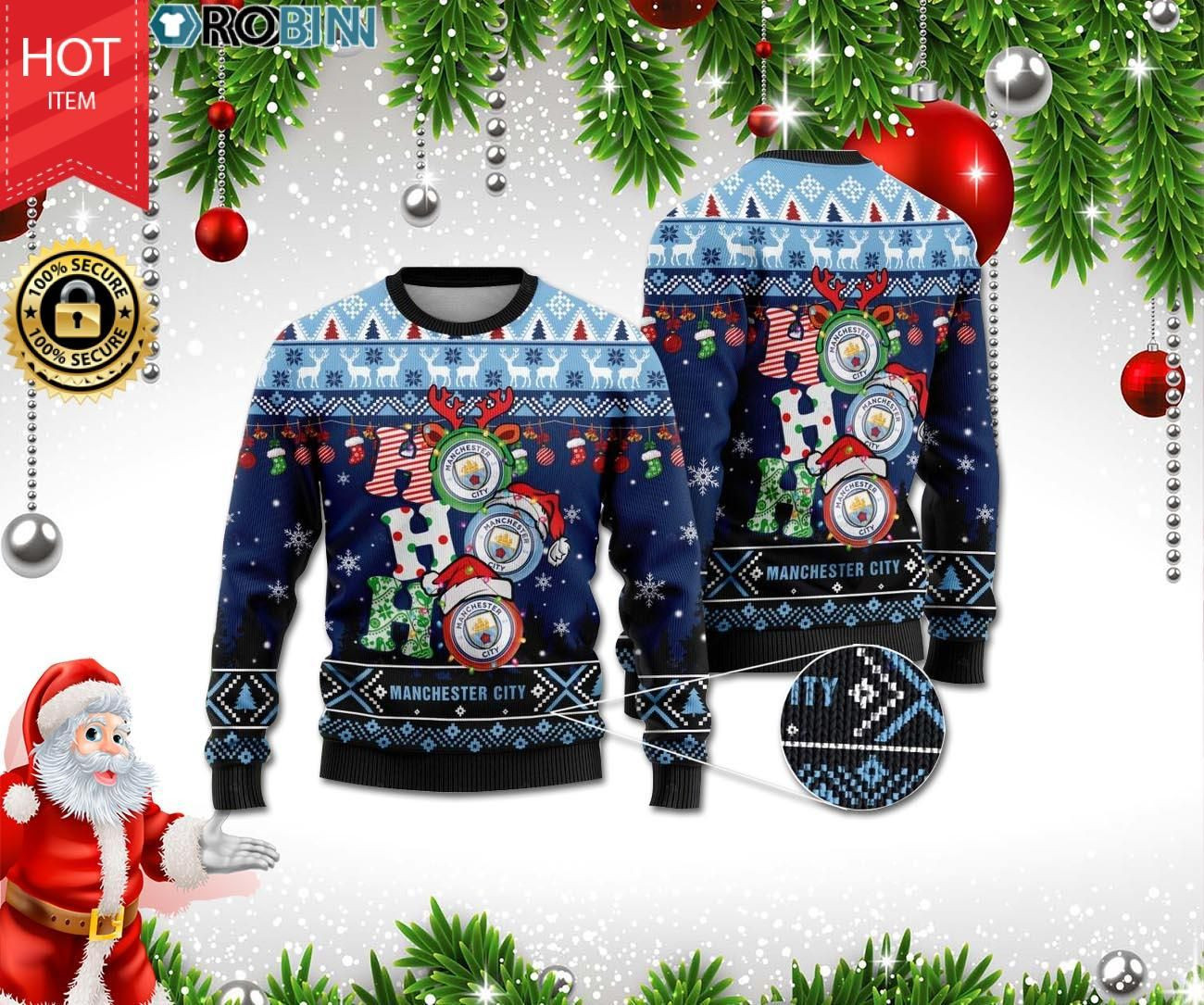 Manchester City Ho Ho Ho 3D Print Ugly Christmas Sweater Adult 3D Funny Matching for family
