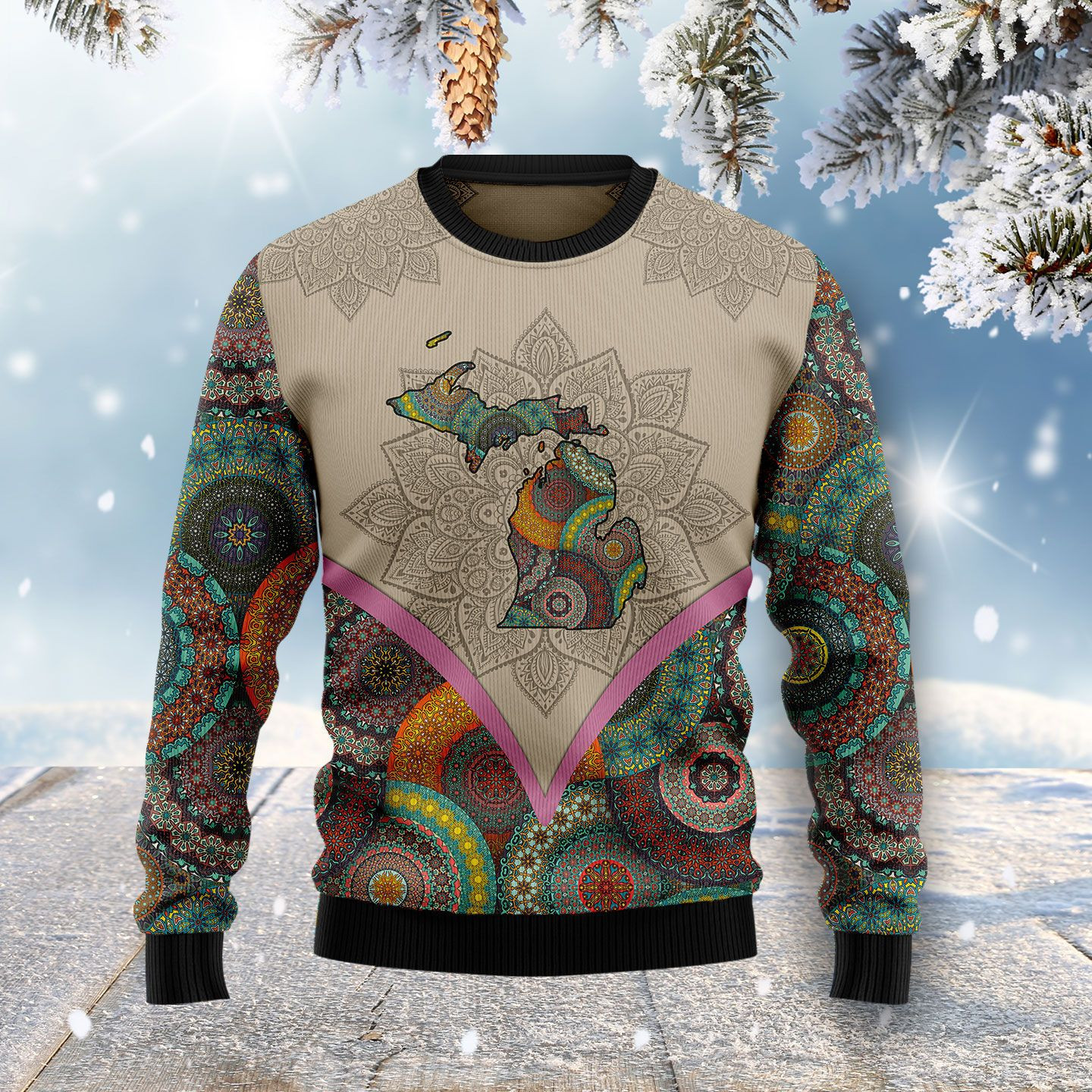 Mandala Michigan Home Ugly Christmas Sweater Adult 3D Funny Matching for family