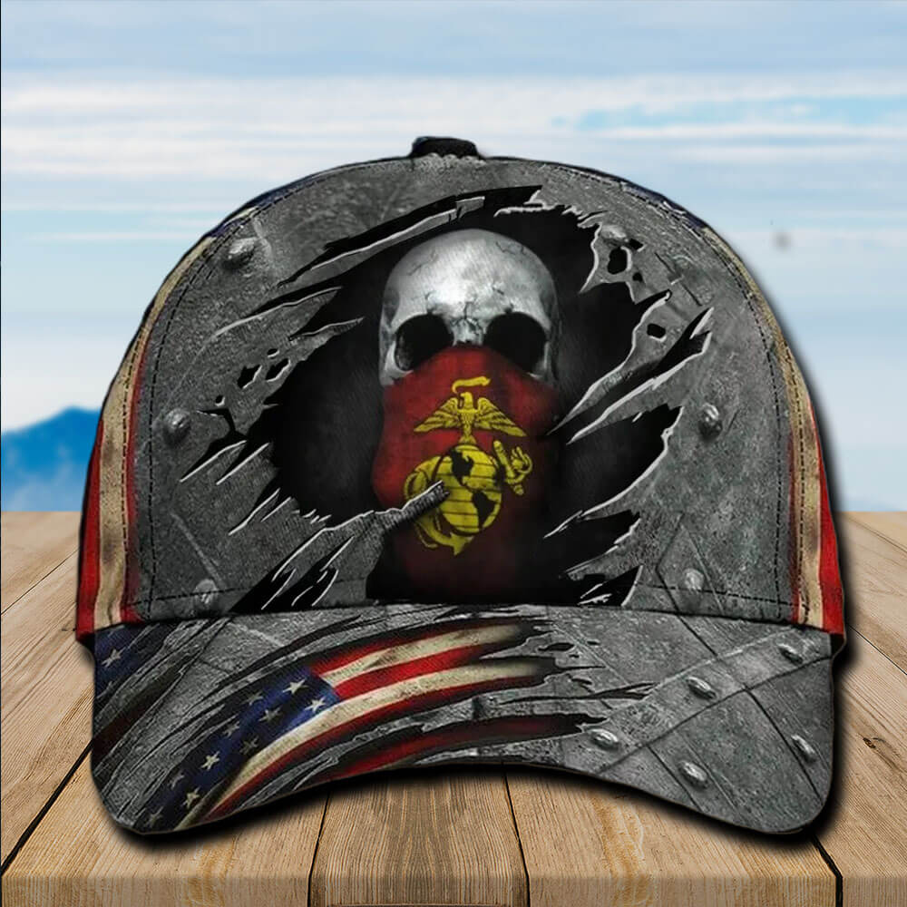 Marine Corps Hat USMC Baseball Cap Grunge US Flag Skull Style Wearing Red Mask USMC Veteran Hat Trucker Hats Custom Hats Gifts For Men & Women