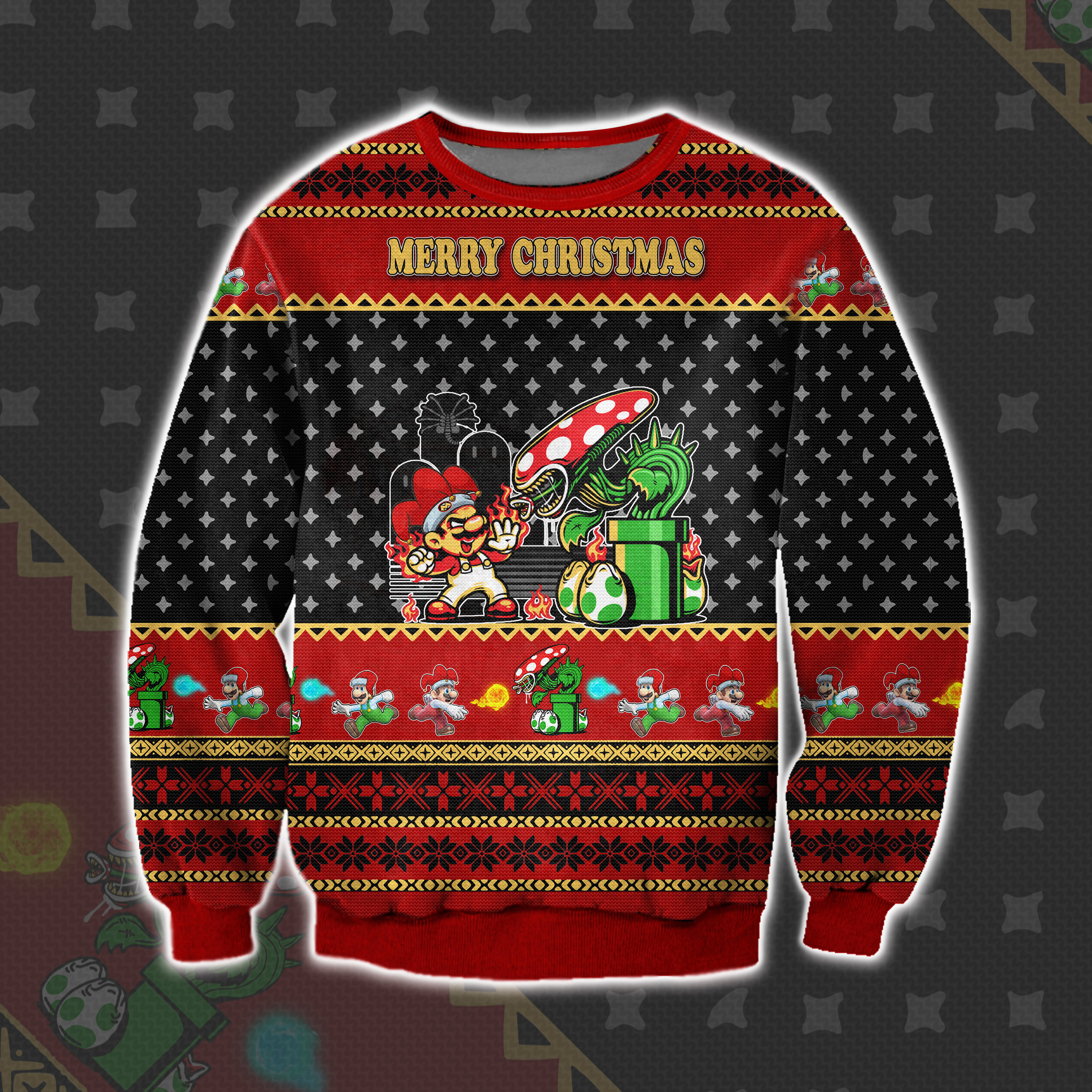 Mario & Xenomorph Ugly Christmas Sweater Adult 3D Funny Matching for family