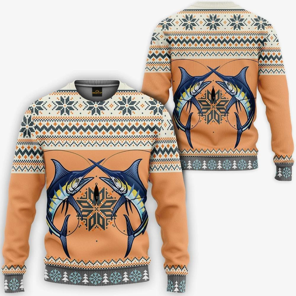 Marlin Fishing Christmas Ugly Christmas Sweater Adult 3D Funny Matching for family