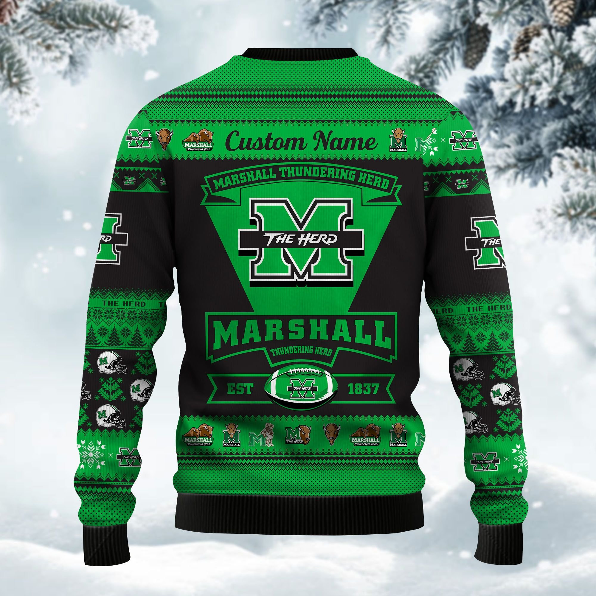 Marshall Thundering Herd Football Team Logo Personalized Ugly Christmas Sweater Adult 3D Funny Matching for family - Image 3