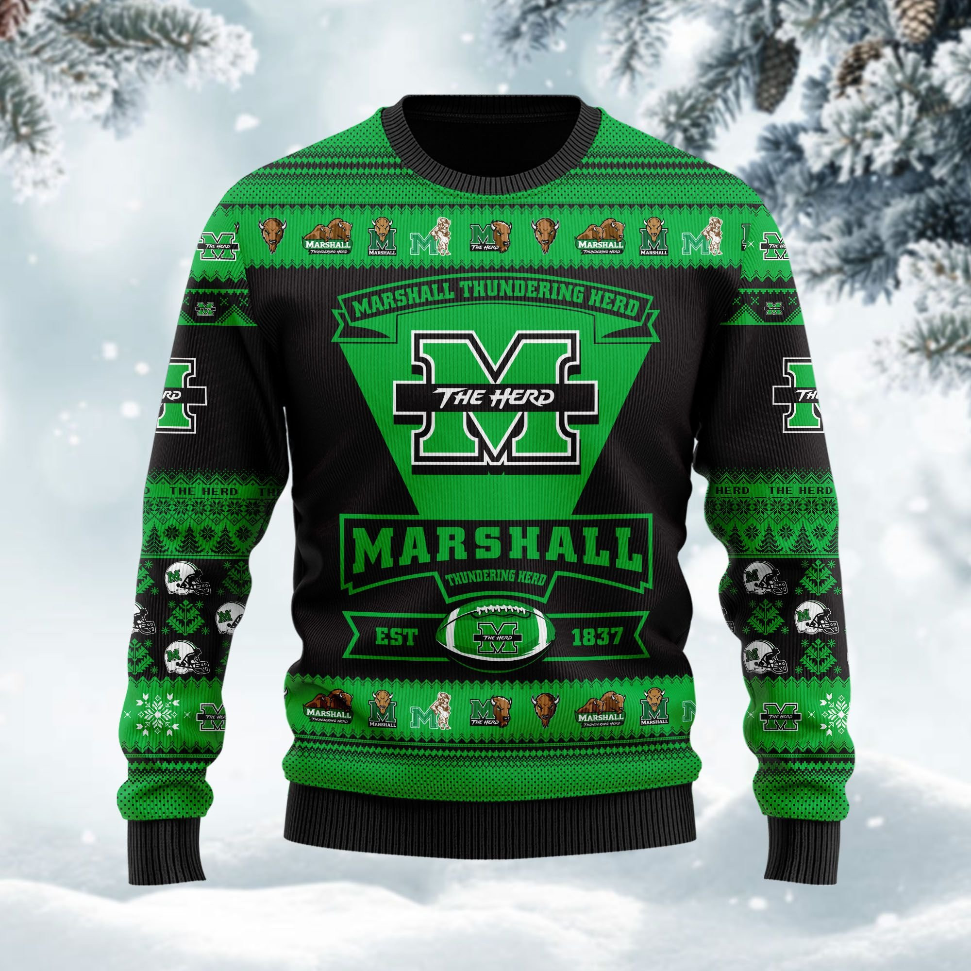 Marshall Thundering Herd Football Team Logo Personalized Ugly Christmas Sweater Adult 3D Funny Matching for family - Image 2
