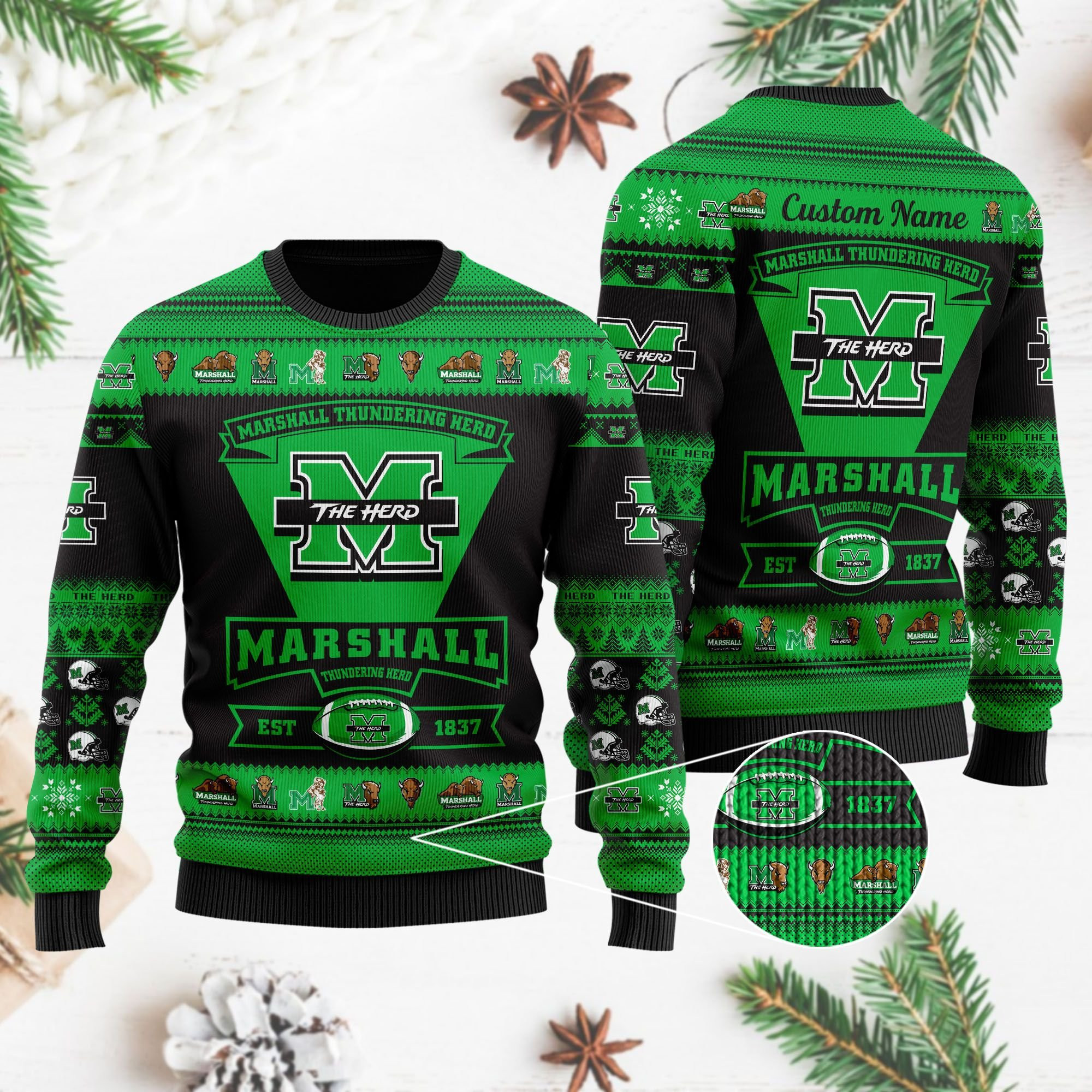 Marshall Thundering Herd Football Team Logo Personalized Ugly Christmas Sweater Adult 3D Funny Matching for family - Image 4