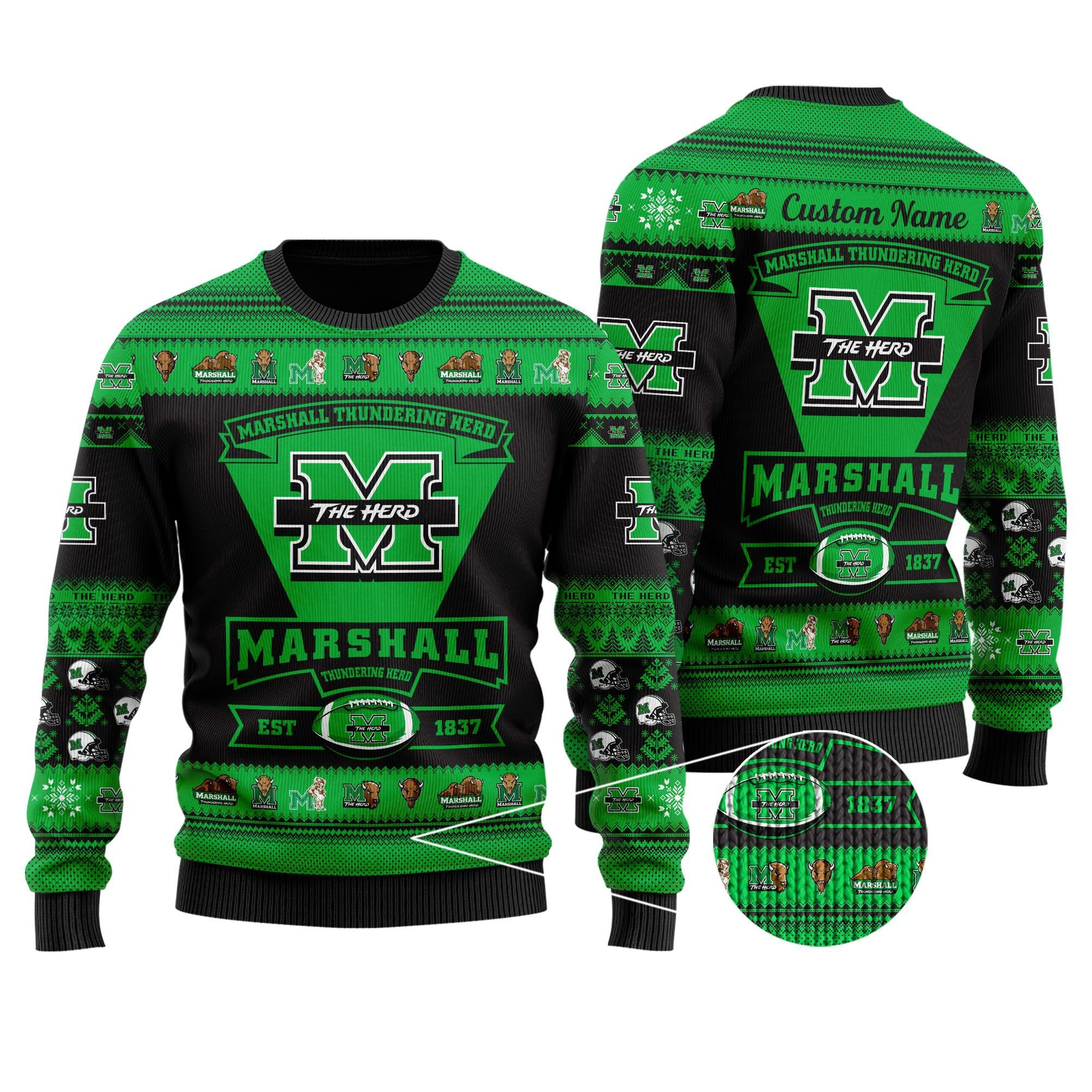 Marshall Thundering Herd Football Team Logo Personalized Ugly Christmas Sweater Adult 3D Funny Matching for family