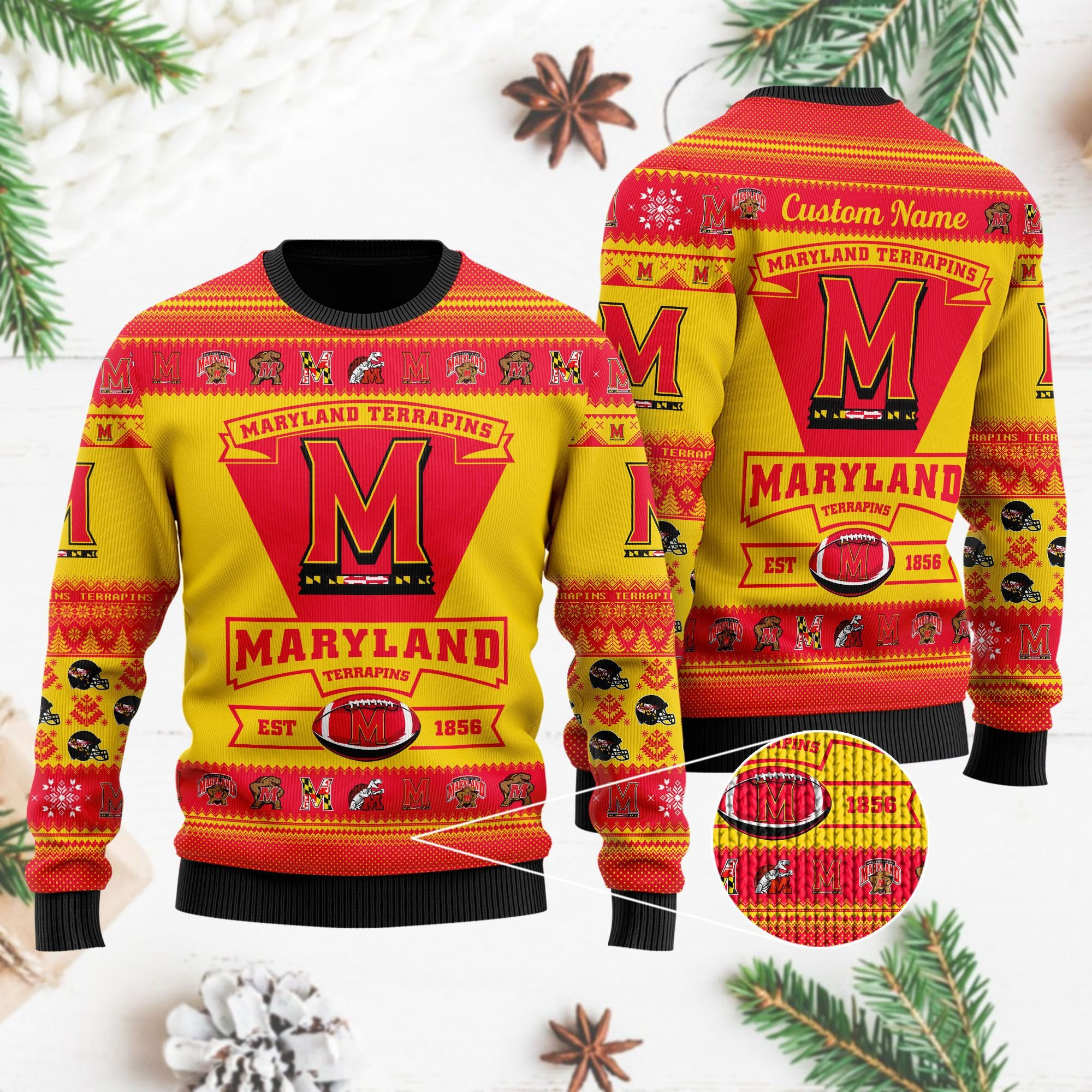 Maryland Terrapins Football Team Logo Custom Name Personalized Ugly Christmas Sweater Adult 3D Funny Matching for family