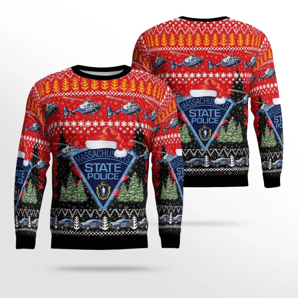 Massachusetts State Police Ford Police Interceptor Utility And Eurocopter Helicopter Christmas Ugly Sweater Christmas Sweaters Gift For Christmas