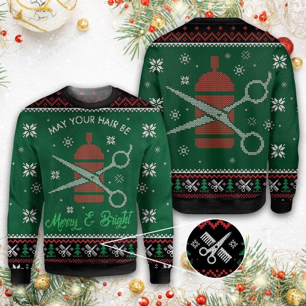 May Your Hair Be Merry and Bright Ugly Christmas Sweater Adult 3D Funny Matching for family