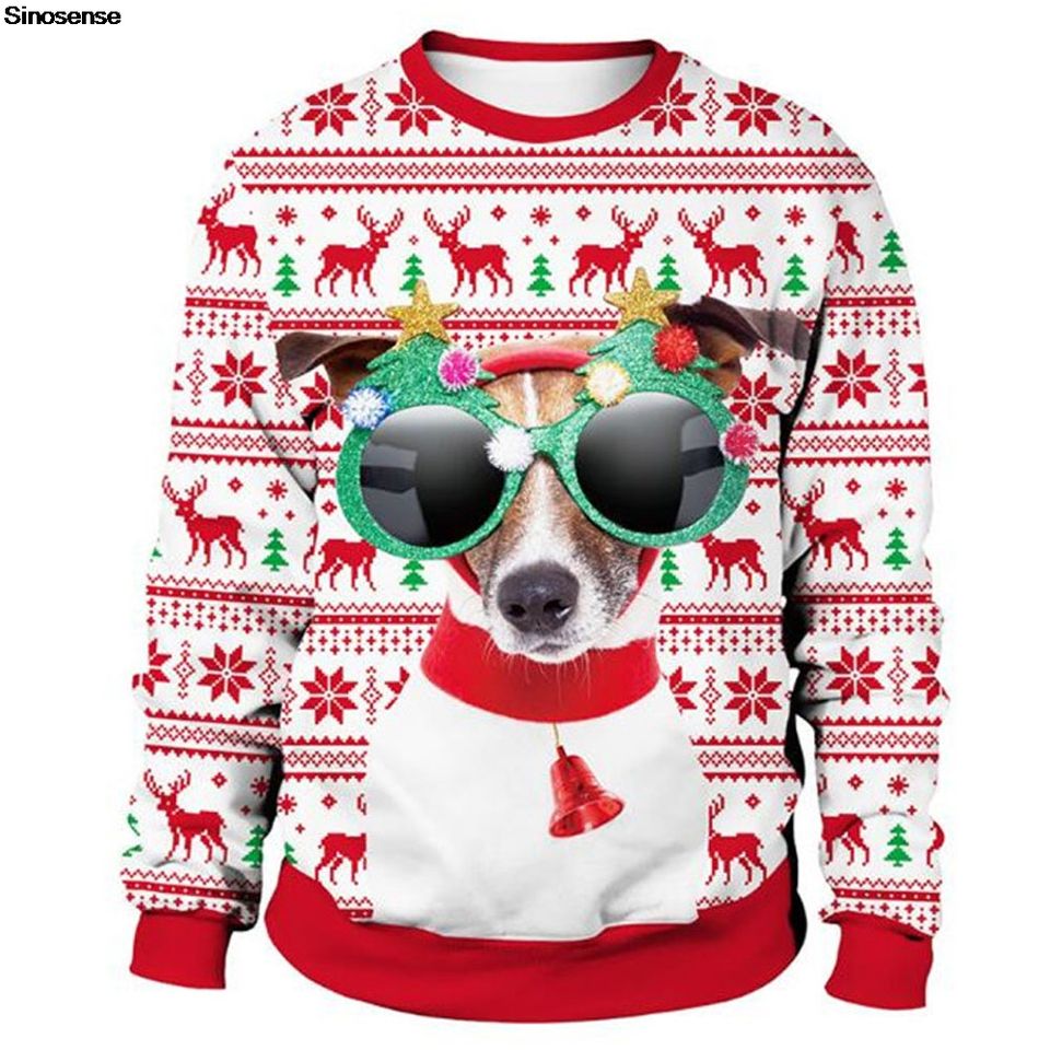 Men Women New Year Eve Tacky Xmas Sweatshirt Pullover Holiday Party Jumper Tops 3D Christmas Dog Print Ugly Christmas Sweater