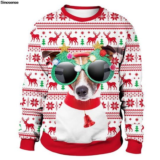 Men Women New Year Eve Tacky Xmas Sweatshirt Pullover Holiday Party Jumper Tops 3D Christmas Dog Print Ugly Christmas Sweater - Image 3