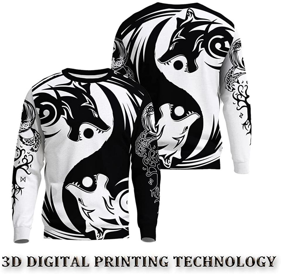 Men's Viking Tattoo 3D Black and White Nordic Wolf Print Novelty Loose Fall Sweatshirt - Image 3
