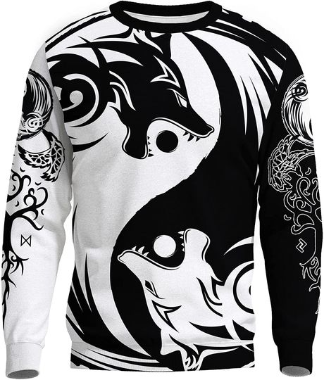 Men's Viking Tattoo 3D Black and White Nordic Wolf Print Novelty Loose Fall Sweatshirt - Image 4