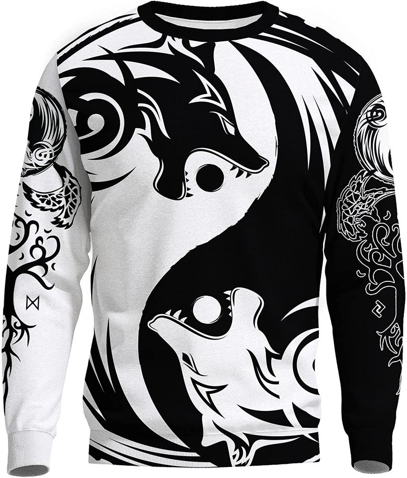 Men's Viking Tattoo 3D Black and White Nordic Wolf Print Novelty Loose Fall Sweatshirt