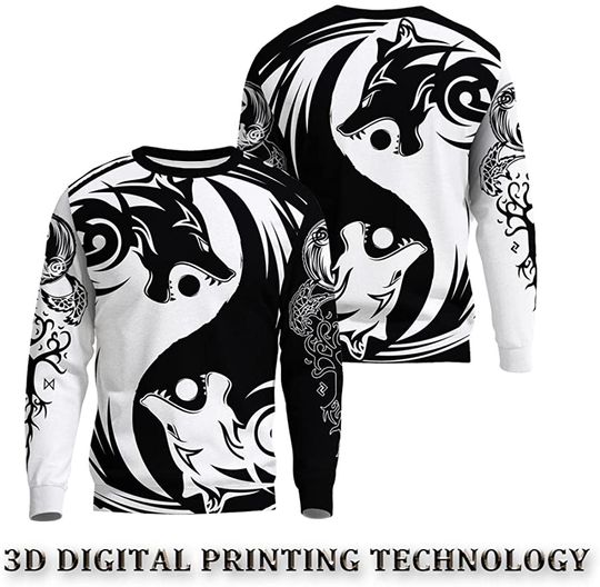 Men's Viking Tattoo 3D Black and White Nordic Wolf Print Novelty Loose Fall Sweatshirt - Image 6