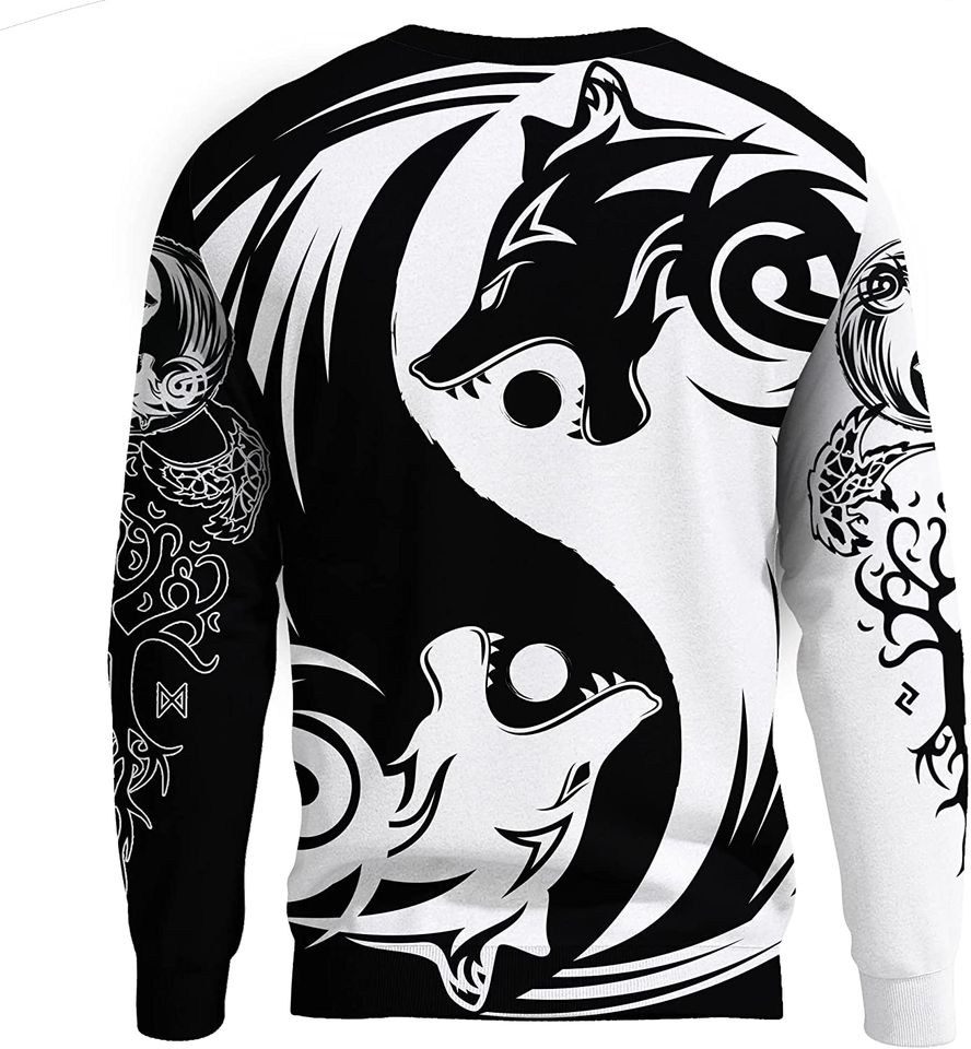 Men's Viking Tattoo 3D Black and White Nordic Wolf Print Novelty Loose Fall Sweatshirt - Image 2