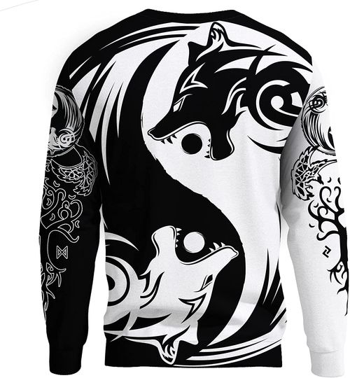 Men's Viking Tattoo 3D Black and White Nordic Wolf Print Novelty Loose Fall Sweatshirt - Image 5