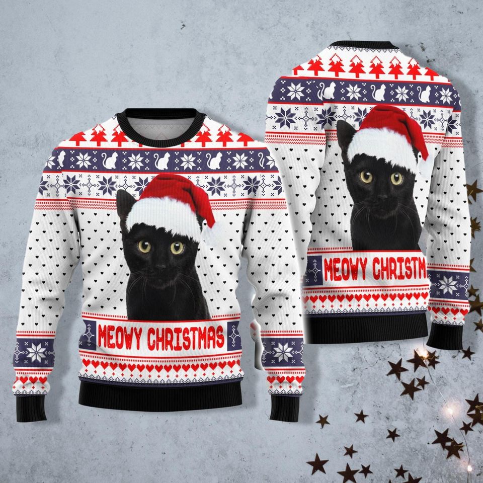 Meowy Black Cat Christmas Sweater, Cat Ugly Sweater, Most Wonderful