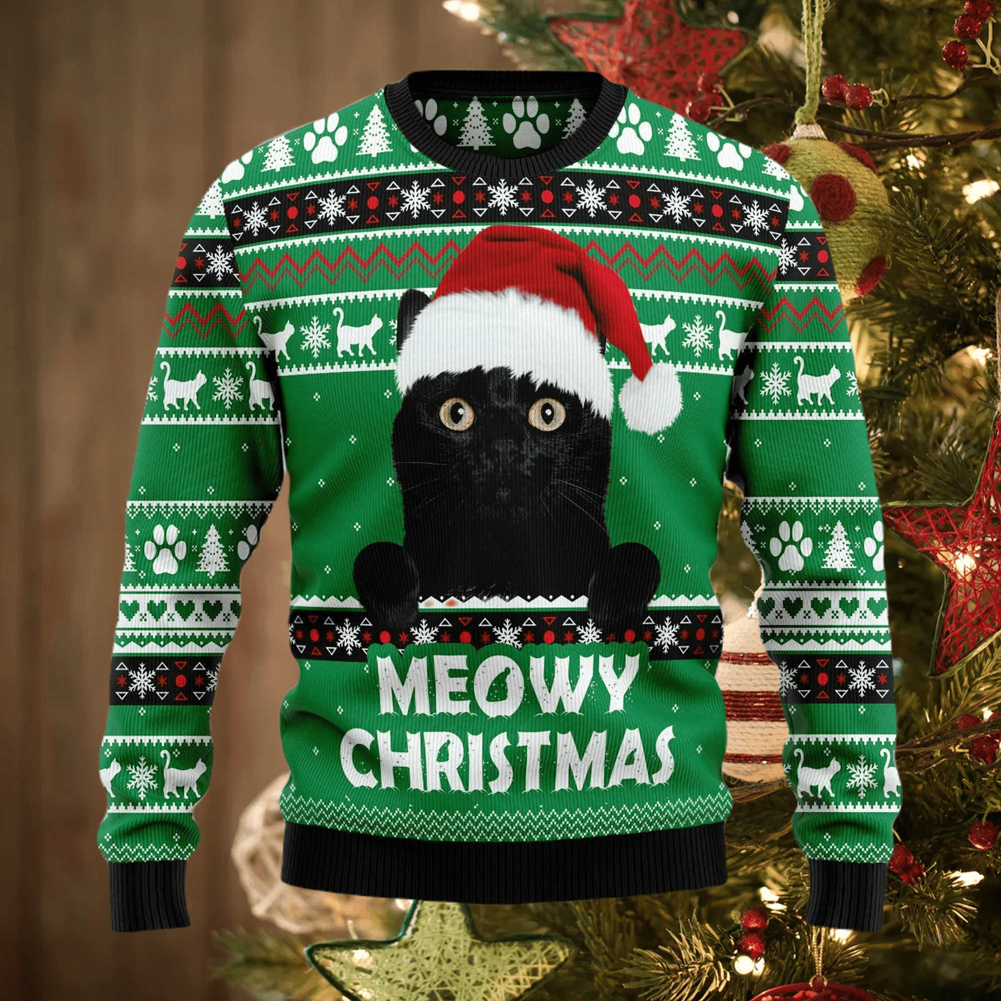 Meowy Black Cat Ugly Christmas Sweater Adult 3D Funny Matching for family