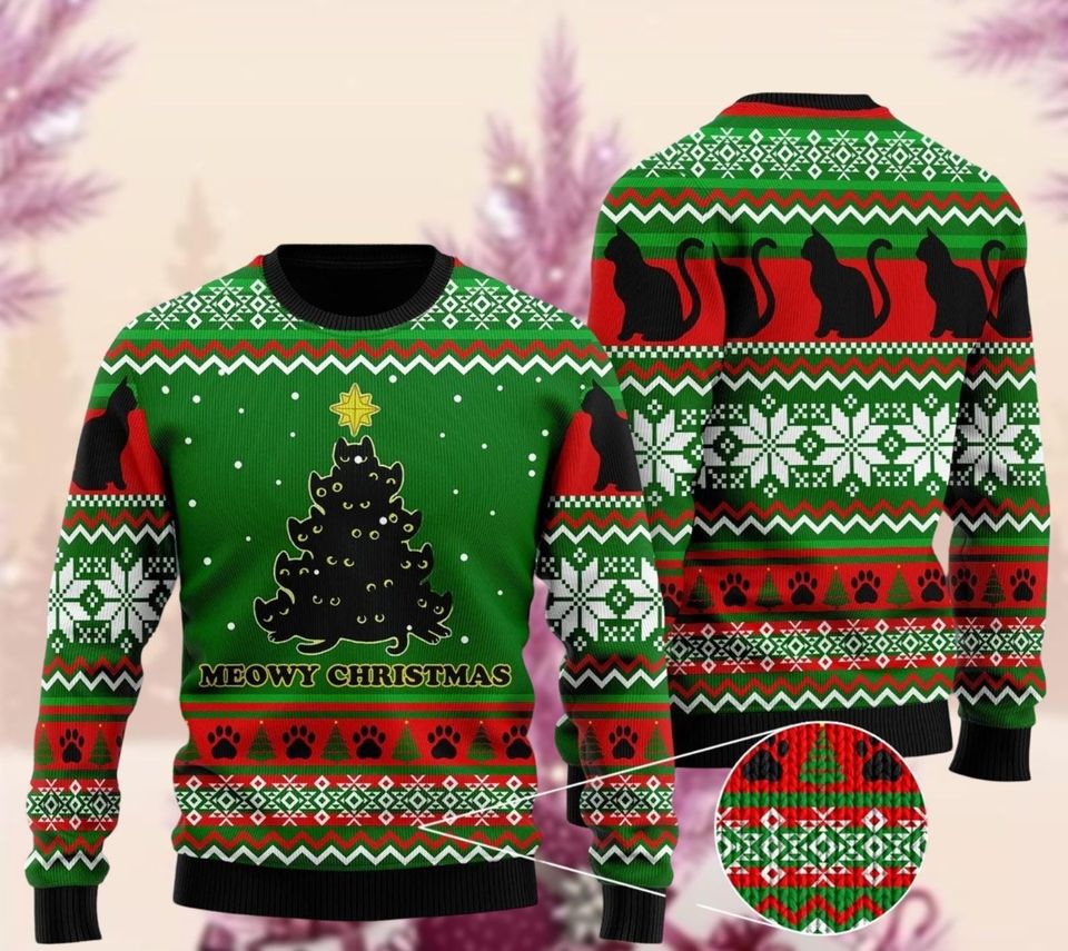Meowy Cat Ugly Christmas Sweater, Black Cat Tree Xmas Ugly Sweatshirt