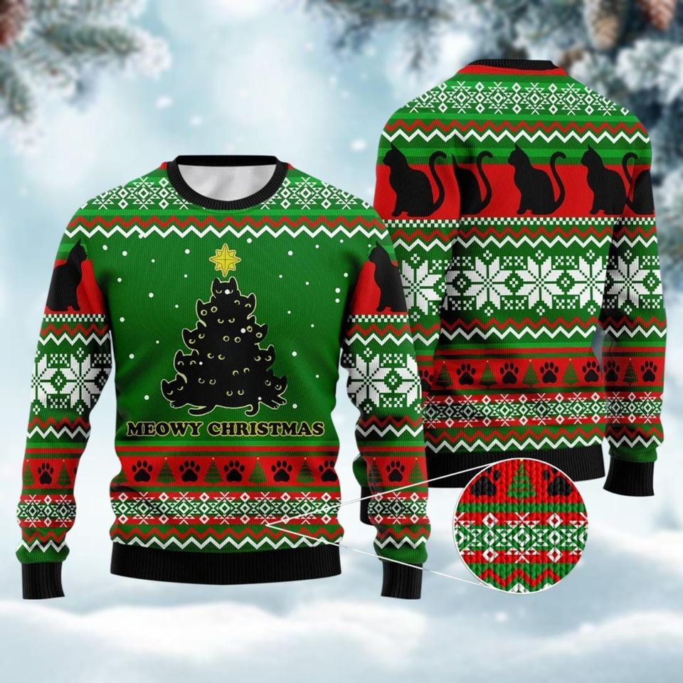 Meowy Cat Ugly Christmas Sweater, Catmas Christmas Sweater