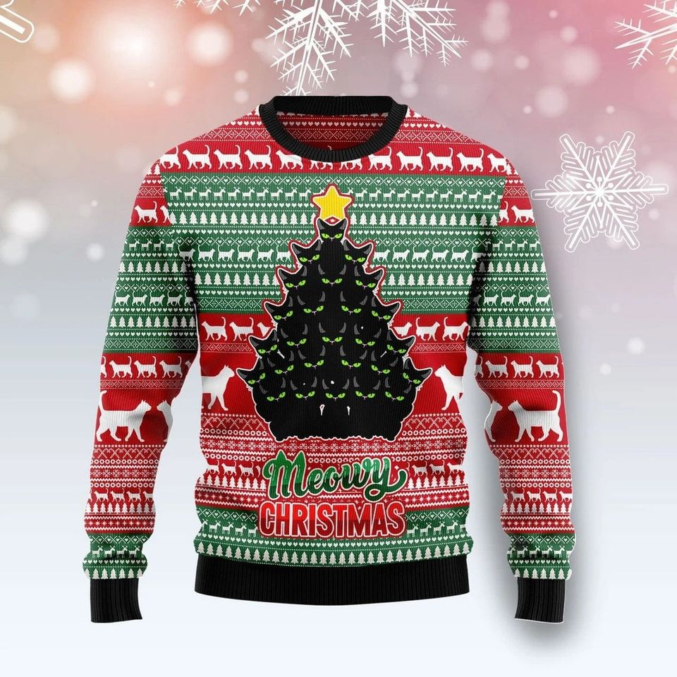 Meowy Catmas Black Cat Christmas 3D Ugly Christmas Sweater