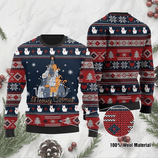 Meowy Catmas Christmas Cats Tree Ugly Christmas Sweater Adult 3D Funny Matching for family